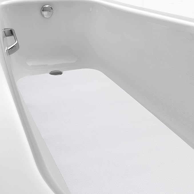 Dunzoom 16" x 40" Non Slip Bathtub Mat with Drain Cut Out Non Skid Safety Bath Mat Adhesive Peel and Stick Bath Tub Mat Arc Angle PEVA Tub Anti Slip Stickers for Shower Floor Wet Areas(White)