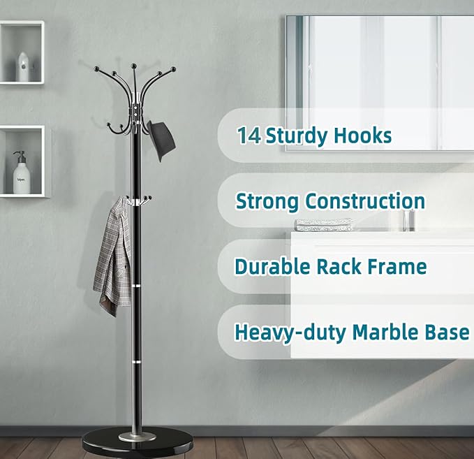 OIRUMIE Coat Rack with Natural Marble Base, Metal Freestanding Coat Racks with 14 Hooks, 360°Rotary Coat Rack Stand for Hanging Scarf, Bag, Jacket, Black Coat Tree Hanger Holder Stand