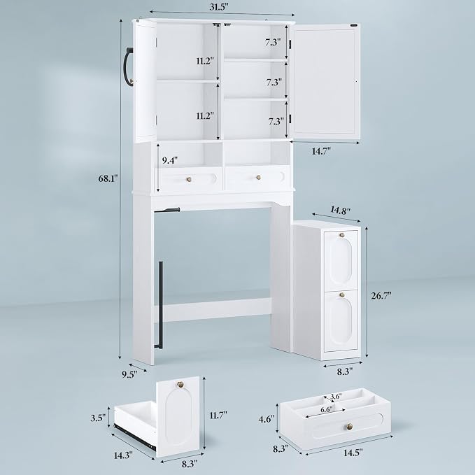 Over the Toilet Storage Cabinet with Mobile Bathroom Storage Cabinet & 3 Adjustable Shelves, Bathroom Storage Cabinet Over Toilet with 4 Section Drawers for Bathroom and Laundry Room, White