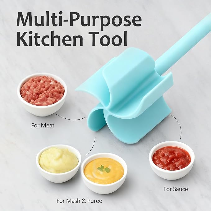 Ourokhome Meat Chopper and Potato Masher, Heat Resistant Nylon Ground Beef Smasher for Hamburger, 5 Curved Blades Nonstick Safe Mixer & Stirrer, Practical Kitchen Gadgets, Mint