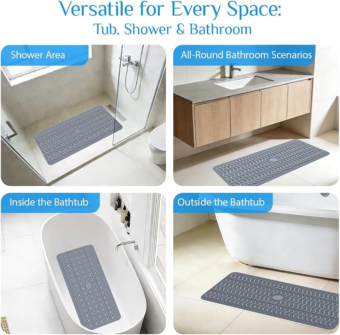 Non Slip Bathtub Mat & Shower Mat, 31x15'' Anti Slip Bath Mat for Tub, Soft TPE Anti-Skid Bathroom Mat with 194 Suction Cups & Drain Holes, Wave-Textured Grip, Machine Washable, Grey