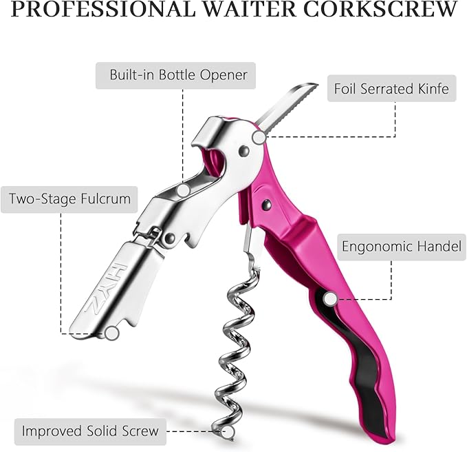 HYZ 2-Pack Wine Opener Waiter Corkscrew, Professional Wine Key for Servers, Bartender with Foil Cutter, Manual Wine Bottle Opener Double Hinged (Fuchsia)