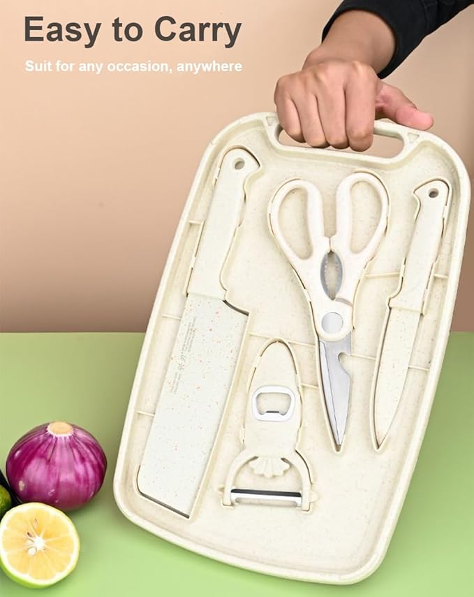 SUJAYU 5 in 1 Mini Knife and Cutting Board Set, Small Camping Cutting Board Cutting Board Scissors, Dorm Kitchen Essentials Travel Knife Set (Beige)