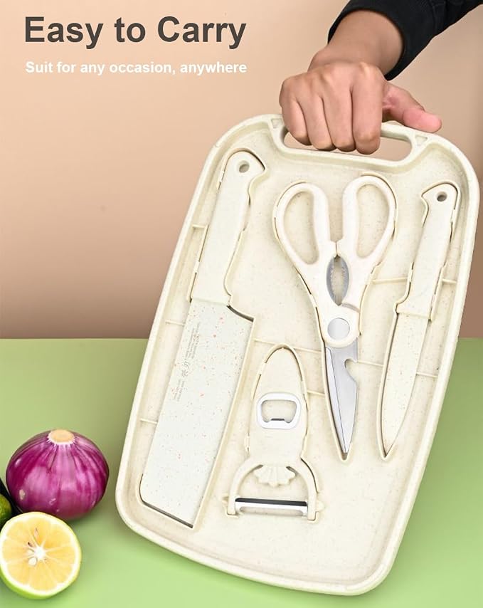 5 in 1 Mini Knife and Cutting Board Set, Small Cutting Board Camping Cutting Board Cutting Board Scissors, Smart Cutting Board and Knife Set, Dorm Kitchen Essentials Travel Knife Set (Wheaten)