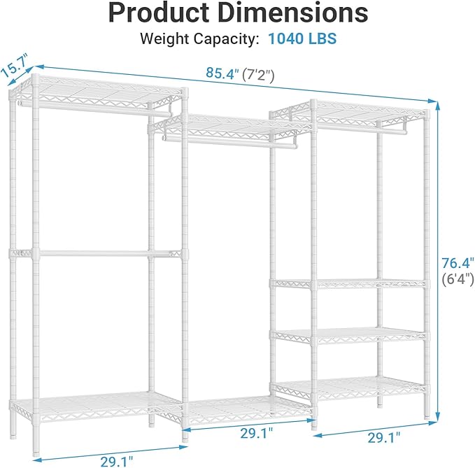 VIPEK V5 Plus Portable Closet Wardrobe Heavy Duty Clothes Rack, Large Free Standing Closet Rack for Hanging Clothes, 85.4" L x 15.7" W x 76.4" H, White