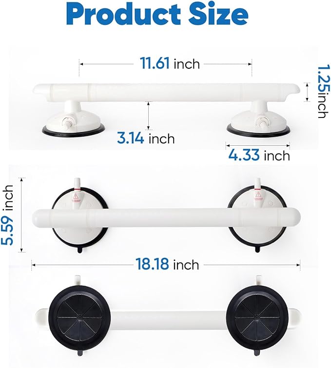 Suction Grab Bars for Shower,18.3 Inch 350 LBS Weight Support Shower Handles with Safety Indicator, Grab Bars for Seniors and Elderly, No Drilling Removable Bathtub Grip, 2 Pack, White