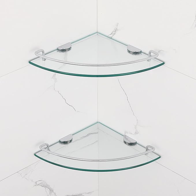 2 Ties Glass Corner Shelf with SUS 304 Stainless Steel Rail Chrome Finished, Esquinero para baños, Rustproof Tempered Glass Shelf, Shower Caddy Organizer 9.8" x 9.8"