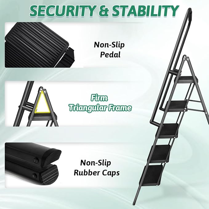 5-Step Folding Ladder with Handrails, Heavy Duty Ladders for Home & Kitchen, Folding Ladder Easy to Store, Tall Ladder for Adults, Anti-Slip & Space-Saving Step Ladder, 330 Lbs Capacity