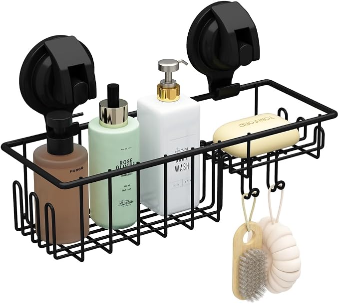 TESOT Suction Cup Shower Caddy, Shower Shelf Soap Dish with Hooks for Sponge, Rust Proof 304 Stainless Steel, Black