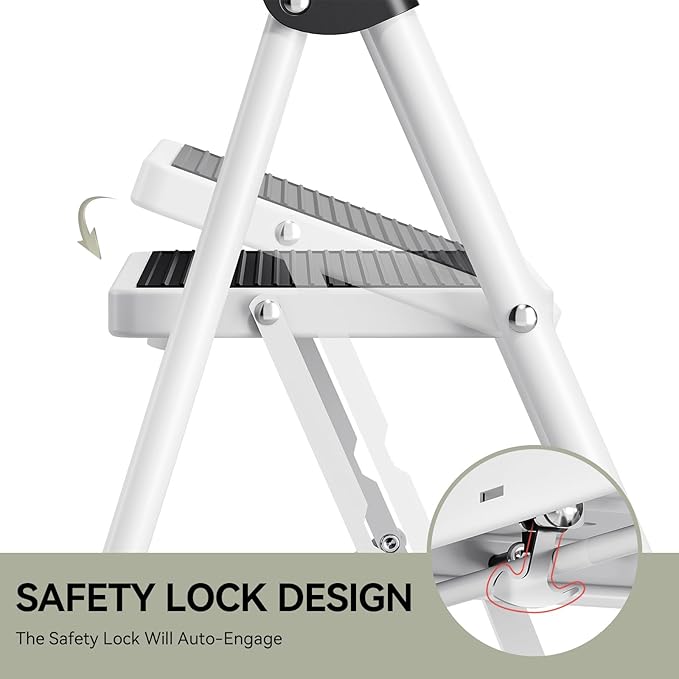 KINGRACK Step Ladder 3 Step Folding with with Anti-Slip and Wide Pedal,Portable Foldable,Tall Sturdy Step Ladder with Handgrip for Home Kitchen Household,White