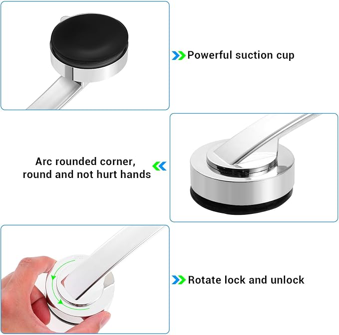 Cabilock Silver Suction Grab Bar for Shower & Bathtub – 12 Inch Chrome Finish Safety Handle, Drill-Free Balance Assist for Seniors, Elderly & Disabled, Portable Bathroom Support Grip