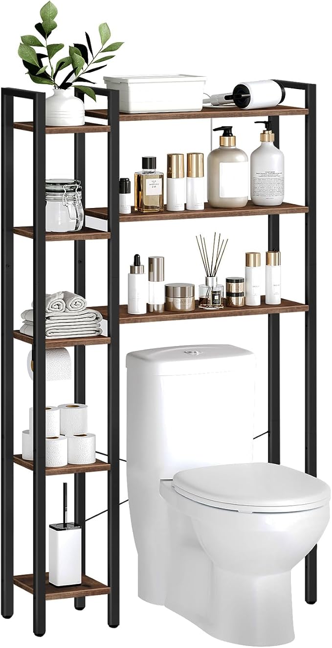 HOOBRO Over The Toilet Storage, 8-Tier Bathroom Organizer Over Toilet Shelf, Storage Rack Above Toilet Stand, Freestanding Space Saver, Toilet Paper Holder, Rustic Brown and Black BF86TS01