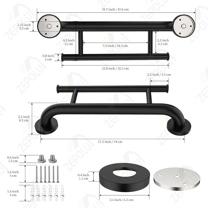 Black Towel Grab Bar 17 Inch, Zepolu Handicap Towel Bar for Bathroom, Stainless Steel Safety Assist Bar Balanced Support Handle, Wall Mounted Towel Rack Grab Bars for Senior Elderly Disabled