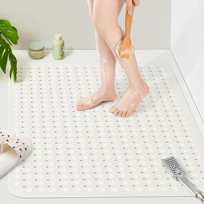 Yolife Extra Large TPE Shower Mat, 47.2" L x 31.5" W Anti Slip Bath Mat with Drain Holes and Suction Cups, Large Size Mat More Suitable for Shower Stall, No Odor, Heavy Mat (White, 47.2" x 31.5")