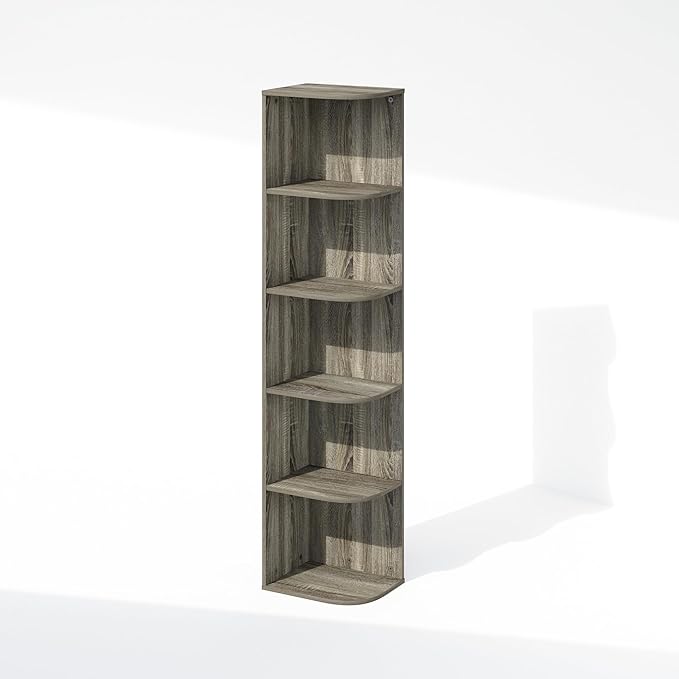 Furinno Reed Corner Shelf, 5-Tier Corner Bookshelf, Book Shelf, Corner Shelves, Storage Rack, for Organization and Storage, Home Office, Living Room, French Oak