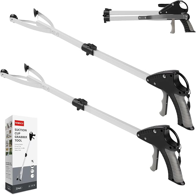 32" Suction Cup Grabber Tool (2 Pack), Foldable Grabber Reacher Tool for Seniors/Smooth Surfaces Items, Heavy Duty Trash Picker Upper with Ergonomic Quick Trigger Handle for Indoor & Outdoor Use