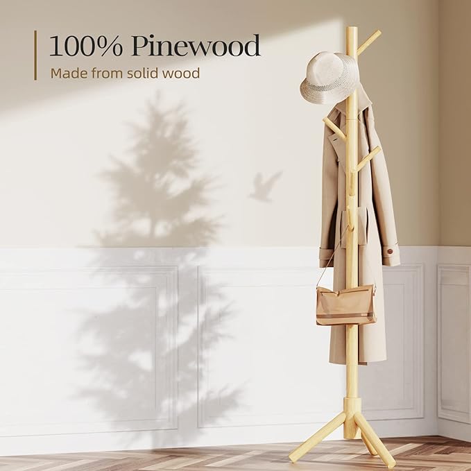 Pipishell Solid Wooden Coat Rack Freestanding, Hall Tree with 8 Hooks, 3 Height Options for Coats, Hats, Handbags, and Scarves, Tool-Free Assembly, Space Saving Design for Entryway, Office, Bedroom