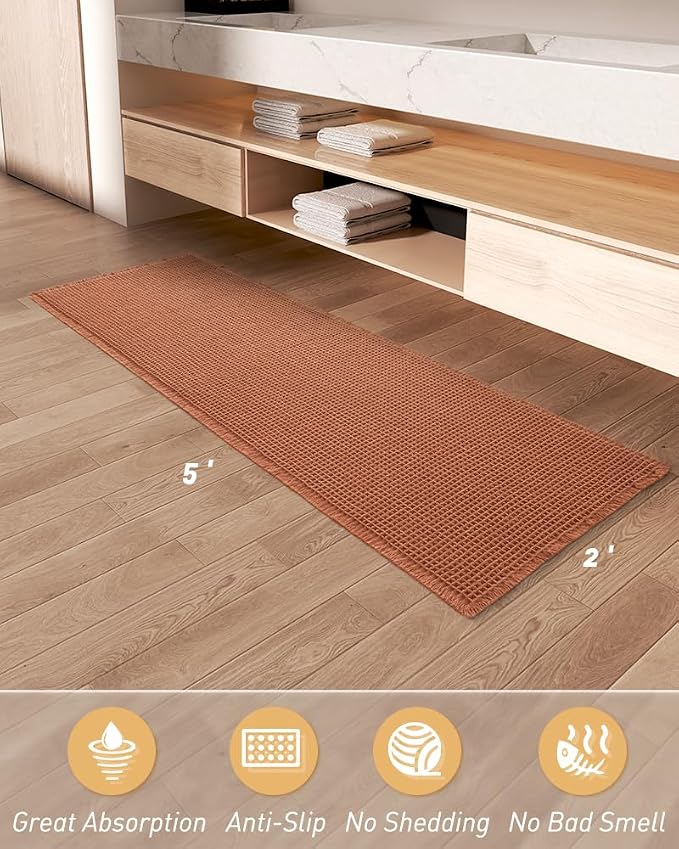 Upgraded Waffle Runner Rug Super Absorbent Non Slip Bath Mats for Bathroom Machine Washable Bathroom Runner Rug with Tassels, Ideal for Hallway Bedroom Laundry Room, Dirty Orange, 2' x 5'(24" x 60")