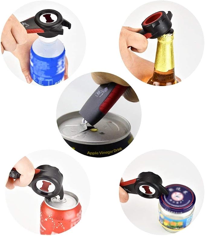 Professional Multi Bottle Opener, 5 In 1 Jar Bottle Can Opener, Lid Twist Off Gripper,Soft Grips Handle,Multifunction Opener (Black-red)