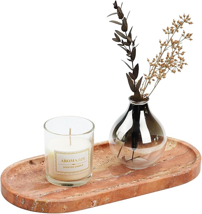 Koville Turkish Natural Travertine Tray, 12"x6" Vanity Decorative Marble Wabi Sabi Decor for Home, Countertop Organizer, Catchall for Perfume, Candles, Jewelry Dish