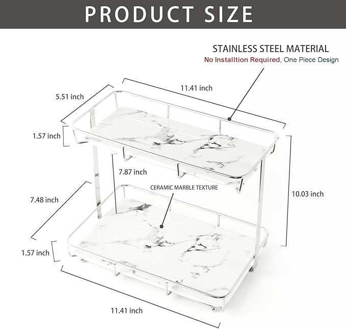 Bathroom Organizer Countertop Perfume Organizer Makeup Organizer Cosmetics Storage Display Rack Vanity Tray Dresser Stainless Steel Gold Shelf White Marble Ceramic Tray (2 Tier L-Sliver) | Perfume Organizer