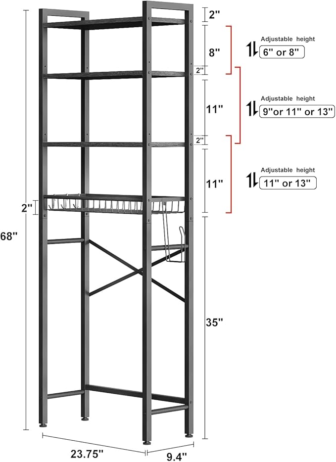 Kalrin Over-The-Toilet Storage Rack, 4-Tier Bathroom Organizer Shelf Over Toilet with Adjustable Shelf and Basket, Freestanding Space Saver Bathroom Shelves Above Toilet for Room (Pure Black)