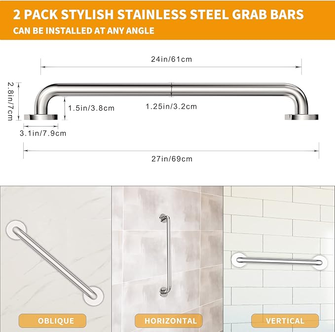 2 Pack 24 inch Grab Bars for Shower 1.25 inch ADA Safety Grab Bars for Bathroom 500 lbs Support 304 Stainless Steel Shower Handle Brushed Nickel