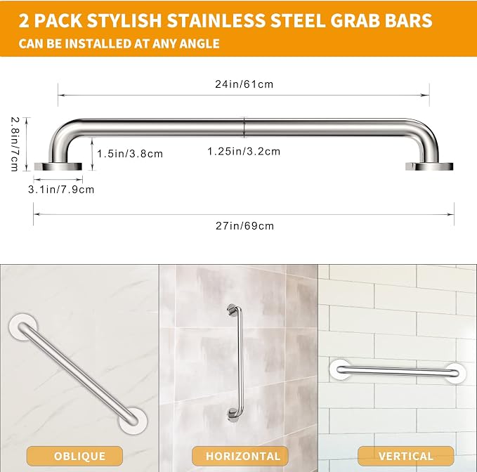 2 Pack Grab Bars for Bathroom, 24 Inch Chrome Stainless Steel Shower Grab Bar, 304 Stainless Steel Safety Grab Bar for Bathtubs and Showers, 500lbs Support Shower Bar for Seniors for Gifts