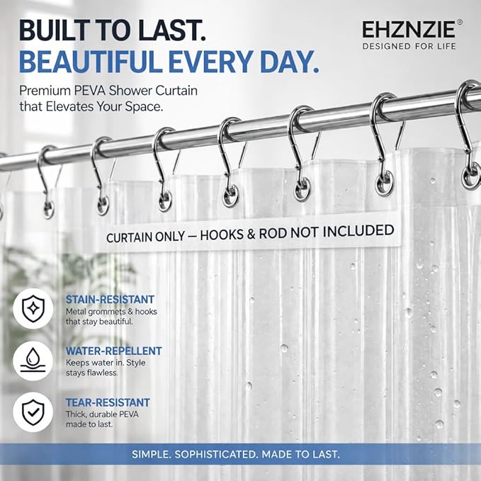 EHZNZIE Crystal Clear Shower Curtain Liner 60x72, PEVA Waterproof Bath Curtain, No Chemical Smell, 3 Weighted Magnets, Durable with Rustproof Metal Grommets