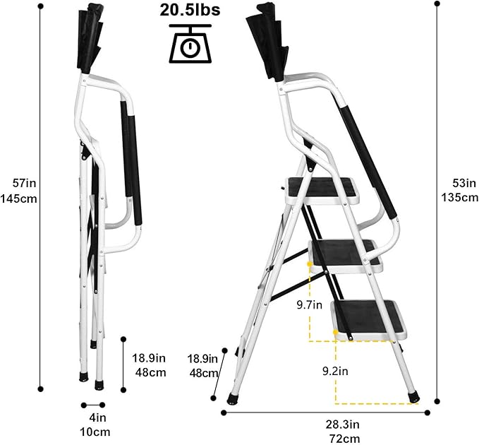 Wiberwi 3 Step Ladder with Handrails 500 lb Capacity Step Stool Folding Portable Ladders for Home Kitchen Steel Frame with Non-Slip Wide Pedal Stepladder with Attachable Tool Bag White