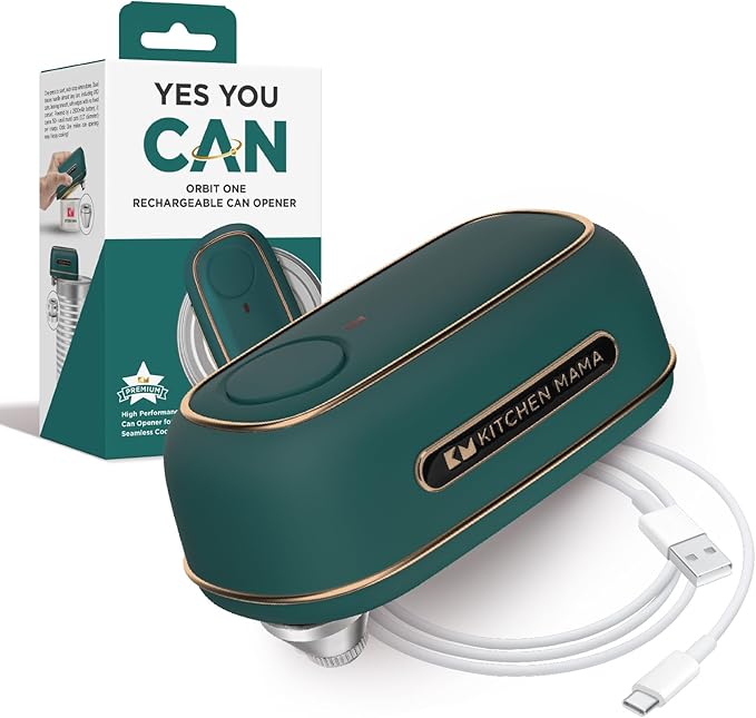 Kitchen Mama Orbit One Rechargeable Electric Can Opener: Hands-free, USB-C Charging, Automatic Stop, Smooth Edge, Safety, Blade for Large Cans, Heavy Duty, with Storage Box (Royal Emerald)