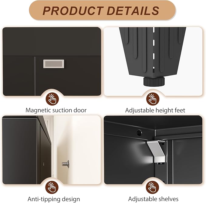 47" Black Metal Garage Storage Cabinet with 2 Doors and 3 Adjustable Shelves,Kitchen Pantry Cabinet,File Cabinet,Steel Tool Cabinet for Home,Office,Garage,School,Warehouse