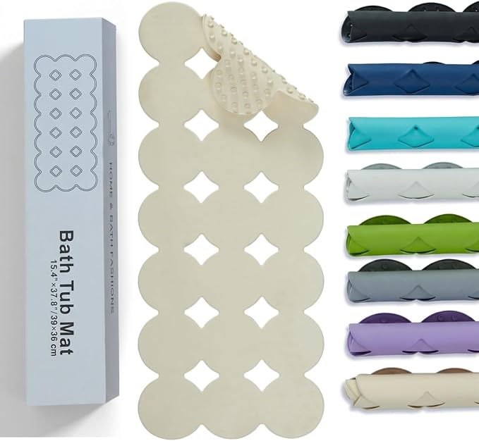 Webos Bathtub Mat Non Slip: Extra Long Rubber Bath Mat for Tub with Strong Suction Cups 15.4" x 37.8" Anti Slip Shower Mat, Big Drain Holes Bathroom Mats for Tub & Shower, Circle-Beige