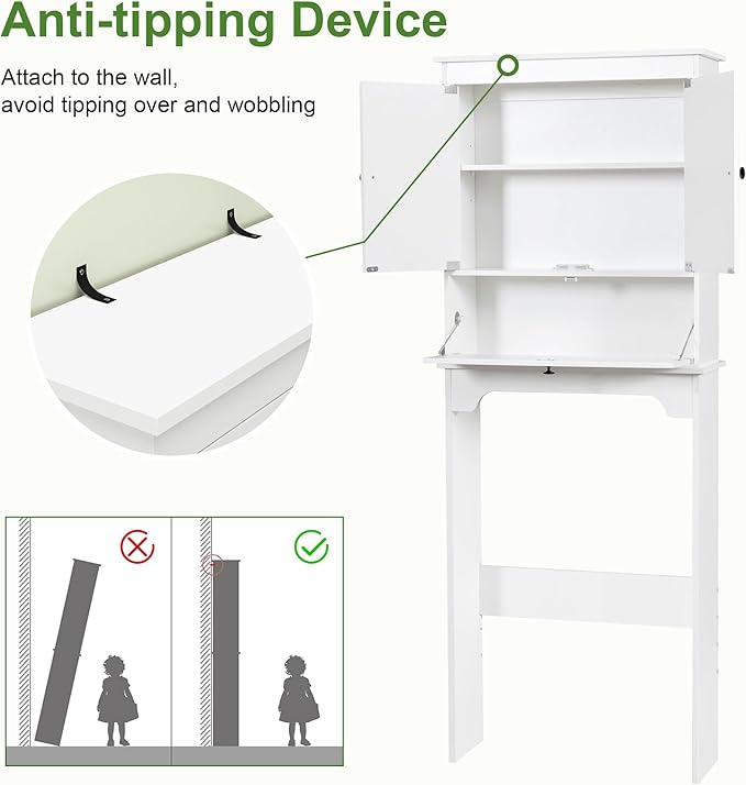 Over The Toilet Storage Cabinet, White | Over Toilet Bathroom Organizer, Freestanding Bathroom Cabinet Over Toilet with Double Doors and Adjustable Shelf