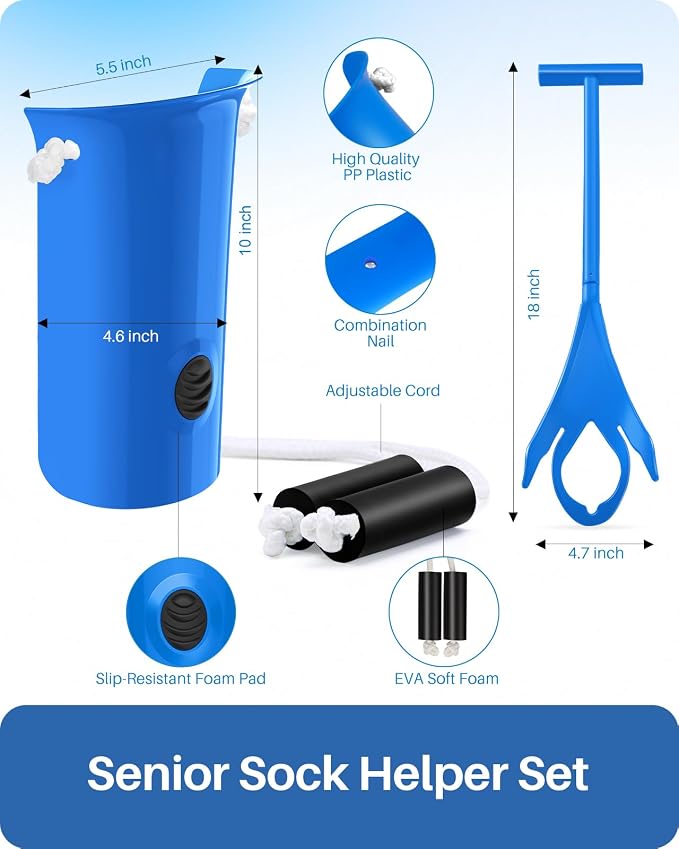 Jellas 4.6 Inch Wide Sock Aid Kit - Long Rope Assist Device for Seniors, Limited Mobility, Post-Surgery | No Bend Sock Helper & Remover | Easy On/Off Socks Tool (Blue)