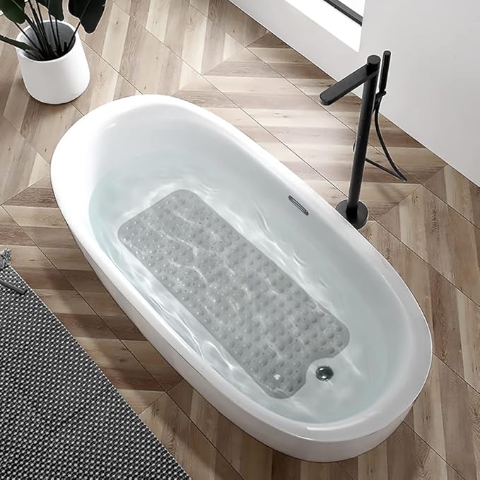 Bathtub and Shower Mats, Extra Long Non-Slip Bath Tub Mat 39 x 16 Inch, Machine Washable Bathmat with Suction Cups & Drain Holes for Bathroom Floor, Gray