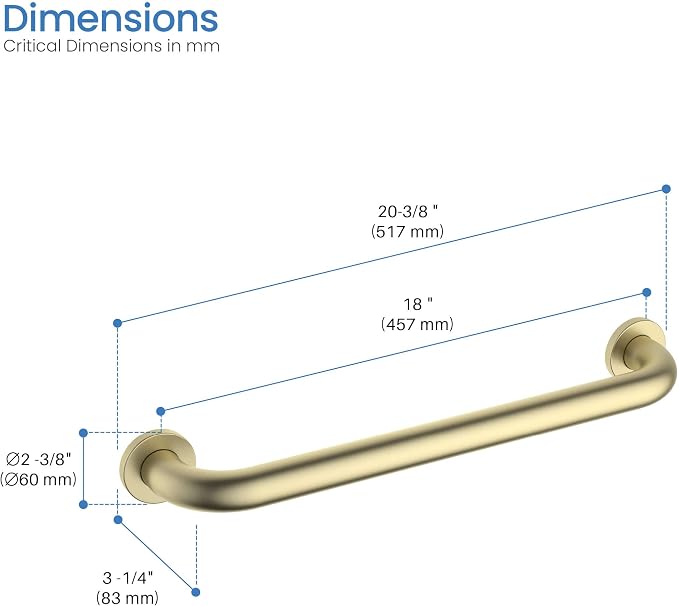 KIBI 18 Inch Bathroom Safety Grab Bar for Shower & Bathtub – Curved Wall Mounted Stainless Steel Shower Grab Bar, Anti-Slip Support Handle for Seniors & Elderly, Brushed Gold (KGB1018)