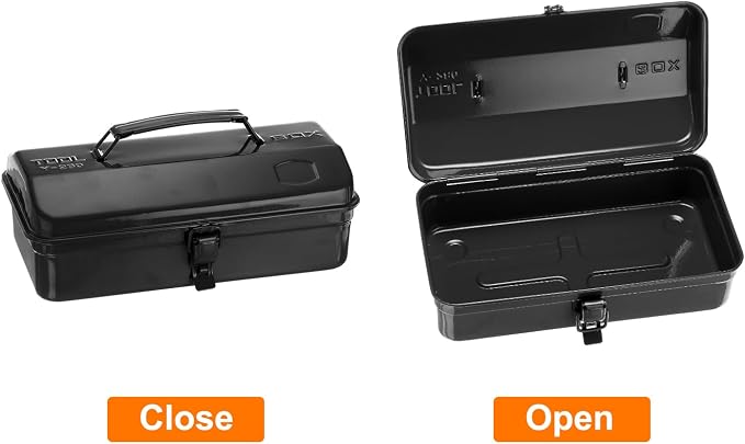 HARFINGTON Tool Box 11.4" Portable Steel Tool Box Hip Roof Style with Metal Latch Closure Tool Chest for Household Workshop Car, Black
