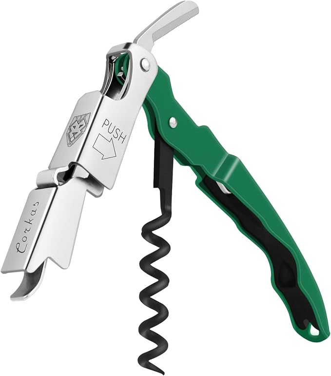 CORKAS Wine Key - Professional Handcrafted Heavy Duty Waiter Corkscrew, Compact Wine Opener with Double Hinged, Foil Cutter and Bottle Opener, Gifts for Servers, Sommelier, Bartenders - Dark Green
