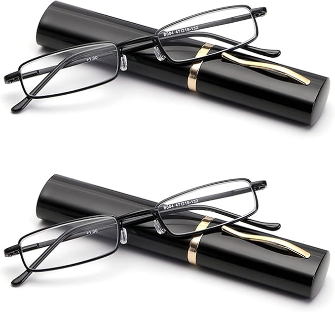 Viseng Slim Mini Metal Reading Glasses Compact Lightweight Portable Readers with Glasses Case for Reading Case,Black+Black+3.5