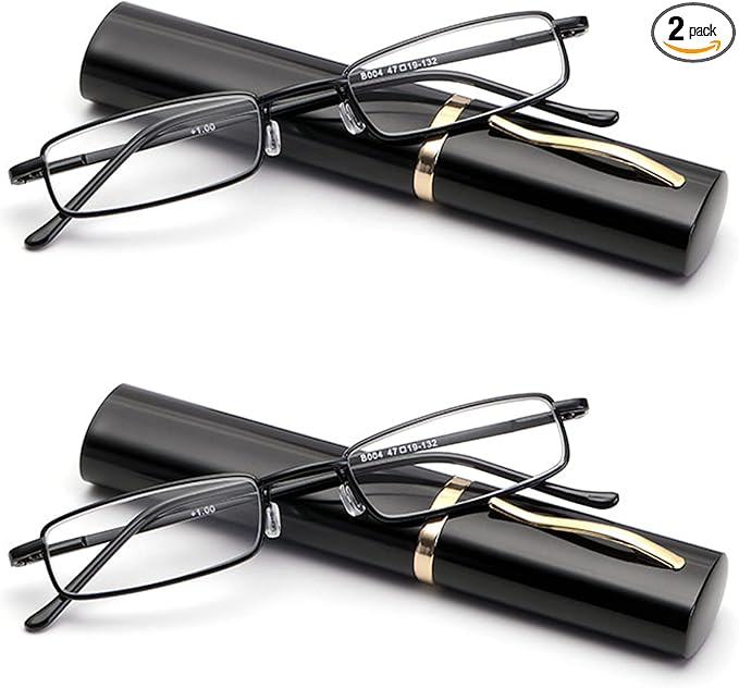 Viseng Slim Mini Metal Reading Glasses Compact Lightweight Portable Readers with Glasses Case for Reading Case,Black+Black+1.0