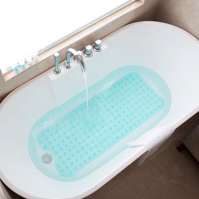 Tree Bud Bathtub Mats for Shower Tub Non-Slip Bath Mat 39 x 16 Inch Extra Long Shower Mat, Bath Tub Mat for Bathroom with Machine Washable, BPA Free for Kids (Clear Aqua)