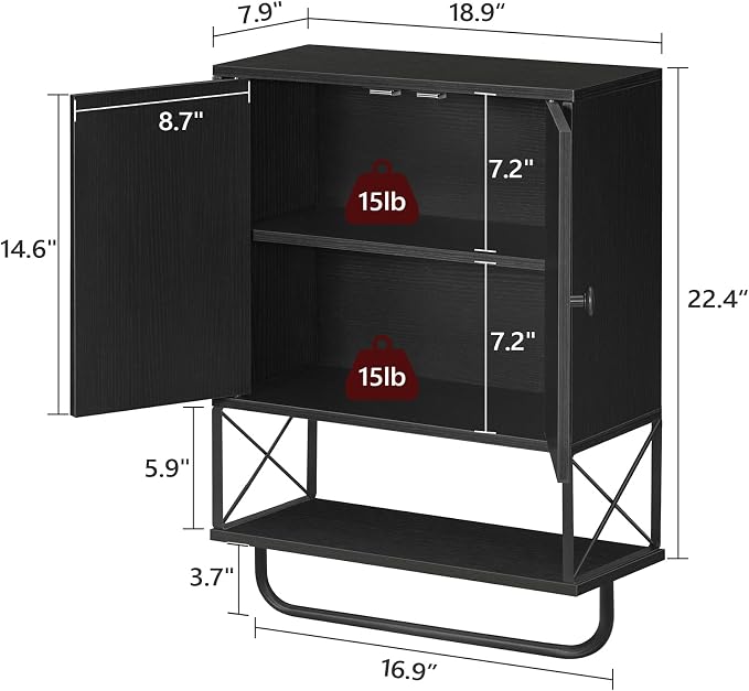 MAHANCRIS Bathroom Wall Cabinet with 2 Door and Adjustable Shelf, Farmhouse Medicine Cabinet with Towel Rack, 3-Tier Wall Mounted Storage Cabinet Over The Toilet for Bathroom, 18.9" L, Black