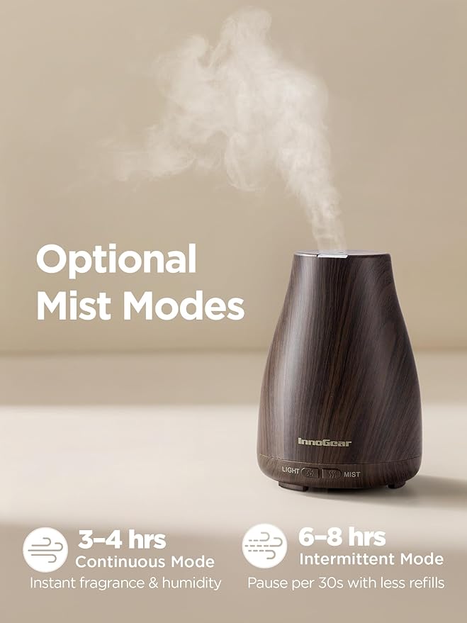 InnoGear Essential Oil Diffuser, Ultrasonic Diffusers for Home Aromatherapy Humidifier for Bedroom Room 7 Colors LED 2 Mist Mode Auto Off, Brown