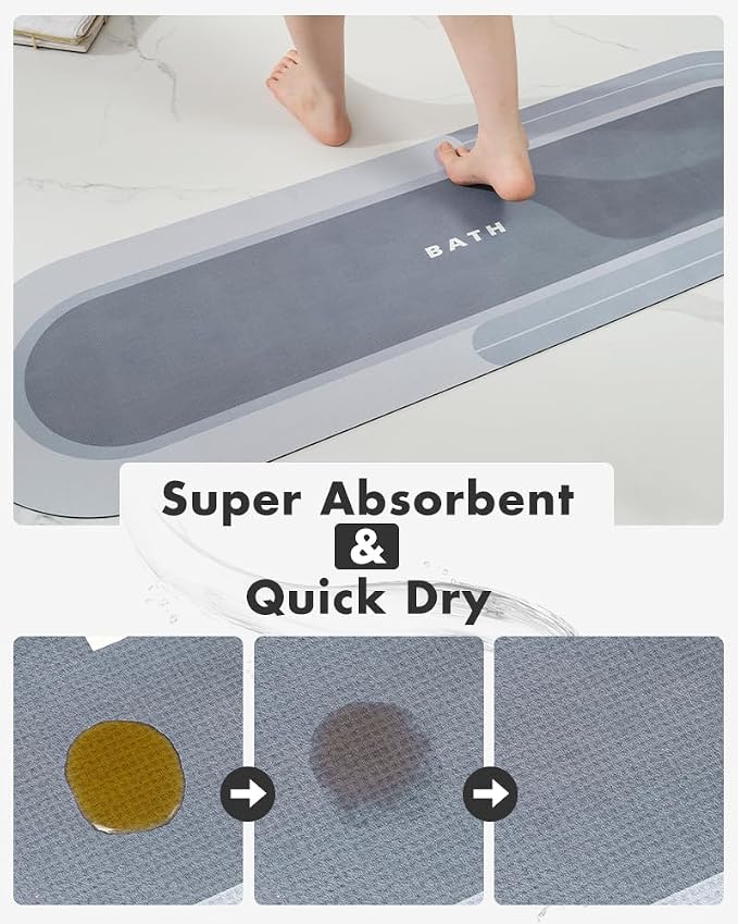 MontVoo Bath Mat Runner - Long Non Slip Absorbent Quick Dry Thin Bath Rug for Bathroom Floor Mat - Rubber Backed - Stain Resistant - Easy Care - Blue 17"x59"