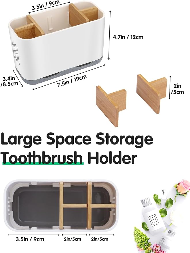 GFWARE Toothbrush Holders for Bathrooms - Bamboo Divider Toothbrush and Toothpaste Holder with Drainage, Kids Electric Toothbrush Organizer for Bathroom Countertop, White Tooth Brush Holder