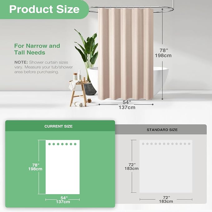 Dynamene Stall Fabric Shower Curtain - 54x78 inch Long Waffle Weave Weighted Thick Cloth Shower Curtains for Bathroom, Heavy Duty Hotel Spa Luxury Bath Curtain Set with 10 Plastic Hooks, Rose