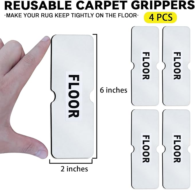 Rug Non Slip Grippers, Reusable Rug Tape, No Damaging for Hardwood Floors and Tiles, Carpet Grippers Stickers Pads for Area Rugs Corners Flat, 4Pcs