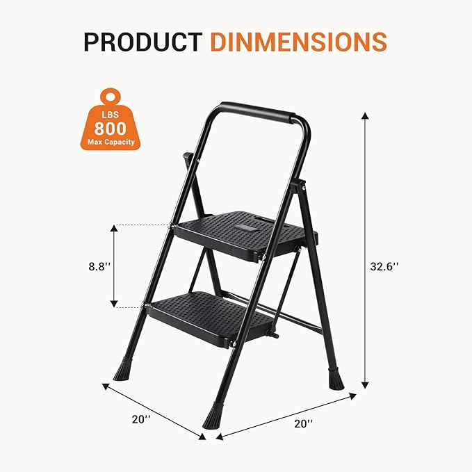 Sweetcrispy Folding 2 Step Ladder Stool - Lightweight, 800lbs Sturdy, with Anti-Slip Feet - Perfect for Home, Kitchen, and Office Use, Easy Storage and Portable Design, Black