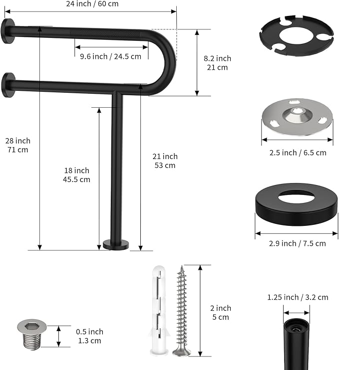 Toilet Support Rail 24X 28 Inch, Munzong Anti-Slip Black Handicap Grab Bar for Bathroom, Stainless Steel Knurled Safety handrails with Leg for Elderly Disabled Pregnant-1.25’Tube